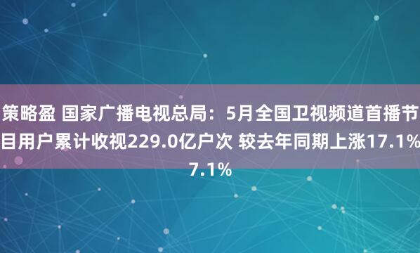 策略盈 国家广播电视总局：5月全国卫视频道首播节目用户累计收视229.0亿户次 较去年同期上涨17.1%