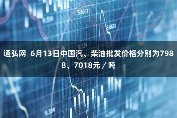 通弘网  6月13日中国汽、柴油批发价格分别为7988、7018元／吨